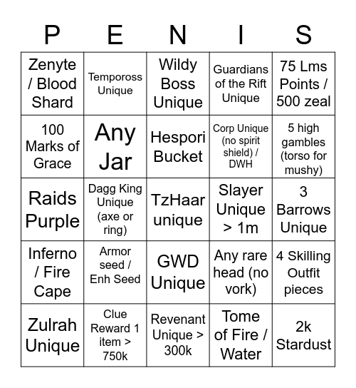 Peen Gang Bingo Bois Bingo Card