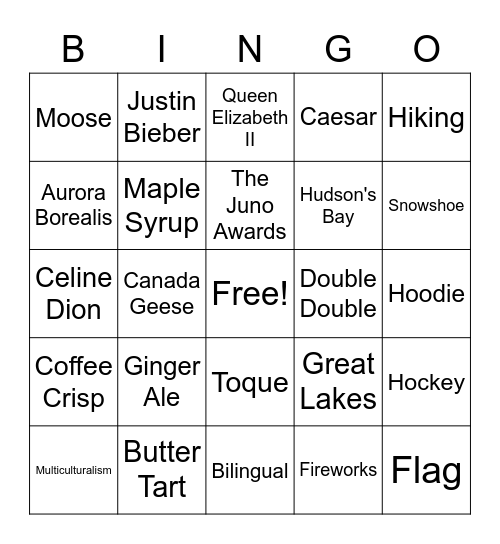 Canada Day Bingo Card