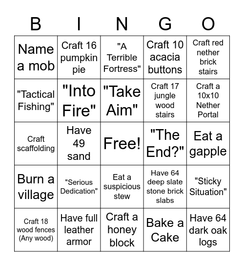 Minecraft Bingo Card