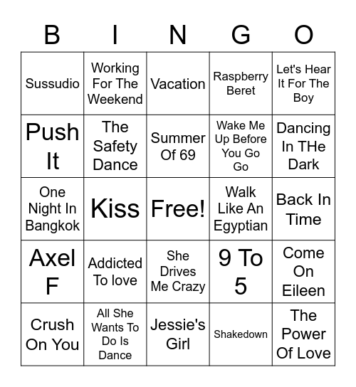 80s Hits Bingo Card