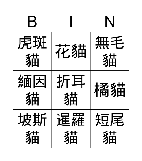 家貓品種 Bingo Card