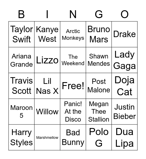 Pop Songs of 2022 Bingo Card