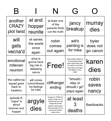 stranger things season 4 volume 2 predictions Bingo Card
