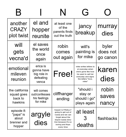 stranger things season 4 volume 2 predictions Bingo Card