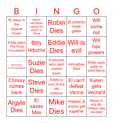 Stranger Things Bingo Card