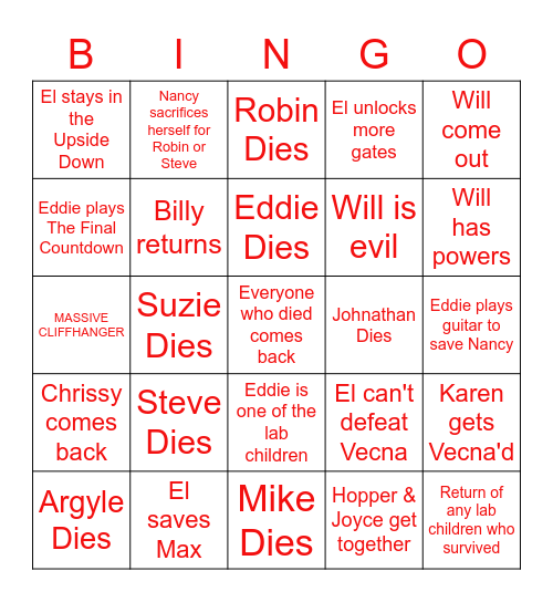 Stranger Things Bingo Card