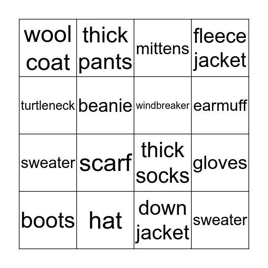 Winter Clothing Bingo Card