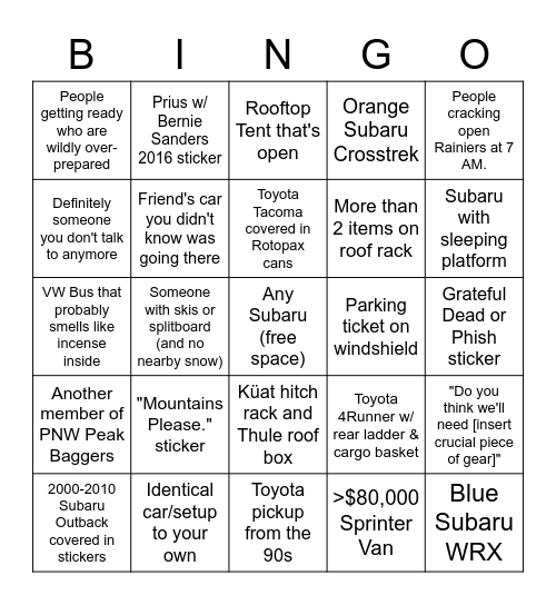 TH Parking Bingo Card