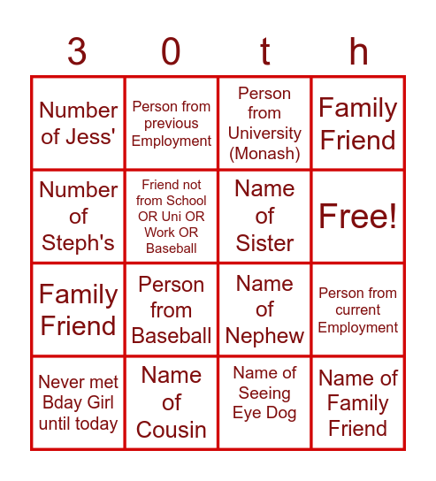 Christina's 30th Bingo Card