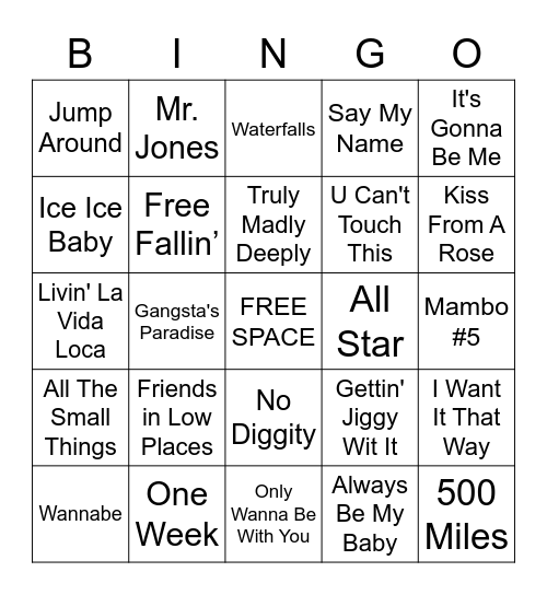 1990 Music Bingo Card