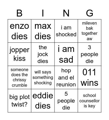 Stranger things Bingo Card