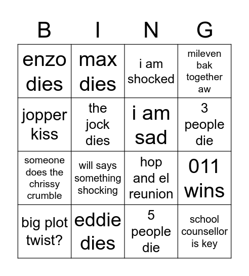 Stranger things Bingo Card