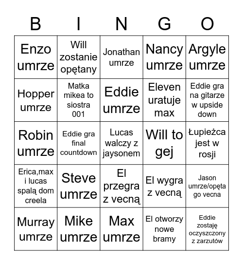 Starnger things 4 chapter 2 Bingo Card