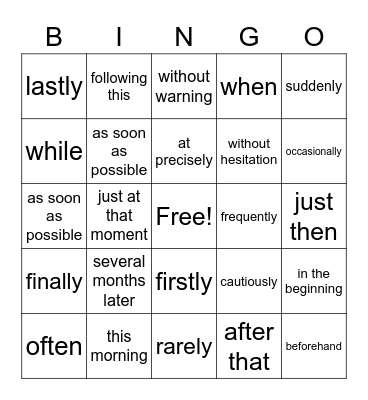 TIME CONJUNCTIONS/ADVERBIALS Bingo Card