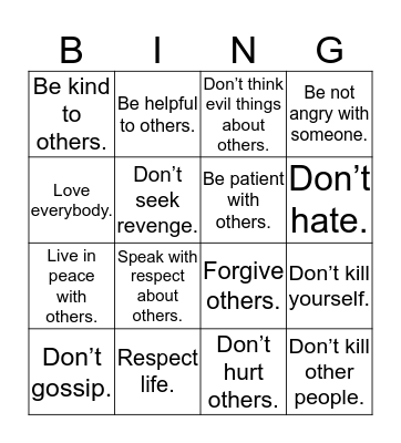 Don't kill Bingo Card