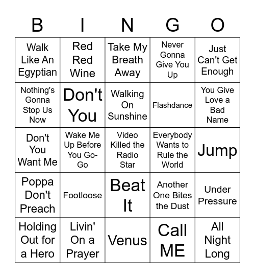 80's Music Bingo Card