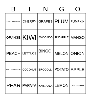 FRUITS AND VEGETABLES Bingo Card