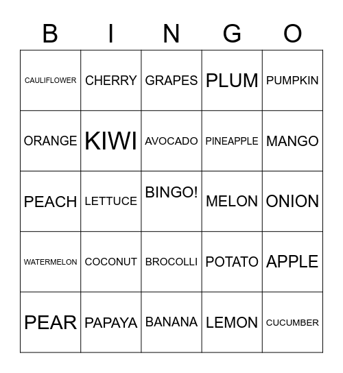 FRUITS AND VEGETABLES Bingo Card