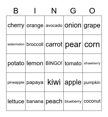 FRUITS AND VEGETABLES Bingo Card