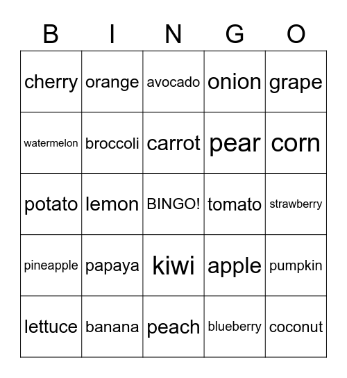 FRUITS AND VEGETABLES Bingo Card