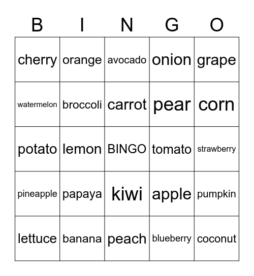 FRUITS AND VEGETABLES Bingo Card