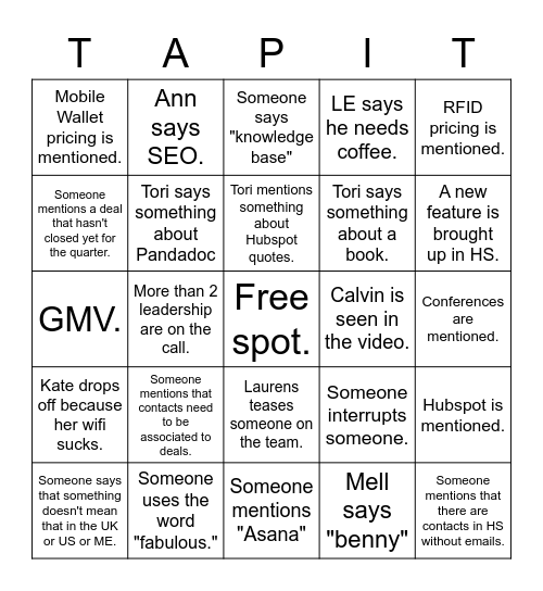 Yes, I know Tappit is spelled wrong. Bingo Card
