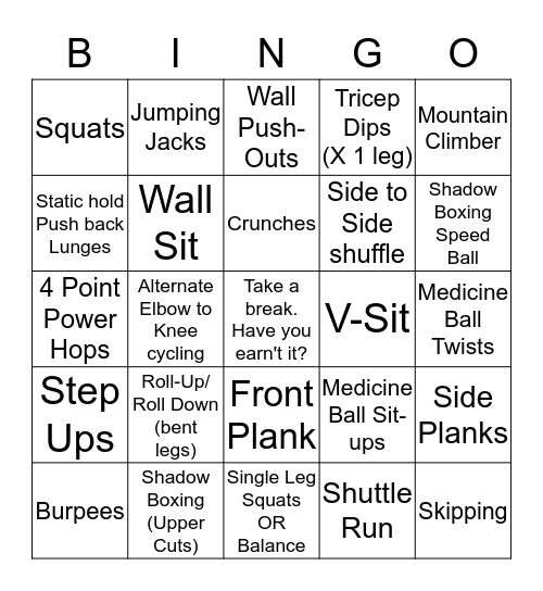 Fitness Bingo Card