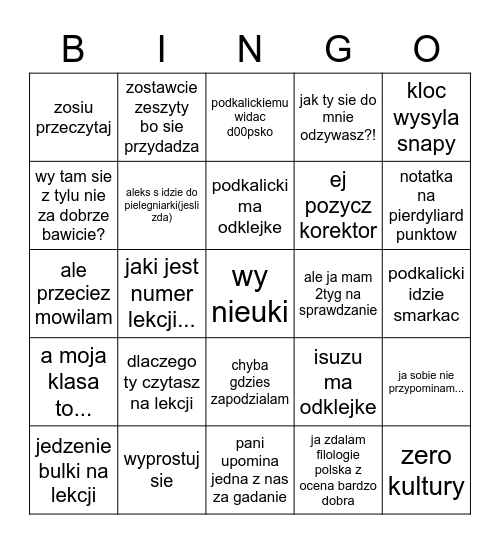 lekcja z klos starterpack Bingo Card