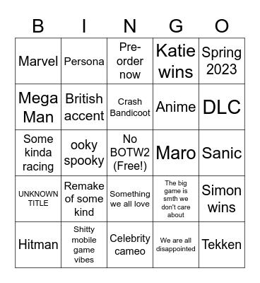 Nintendo Direct 28/6 Bingo Card