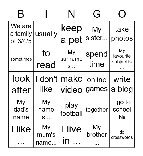 About Myself Bingo Card