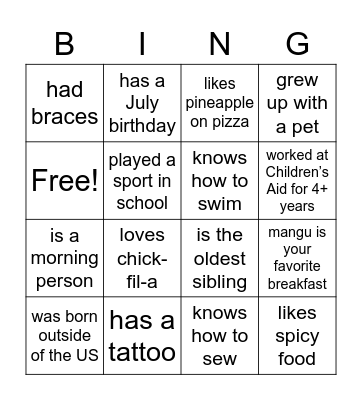 Children’s Aid Bingo Card