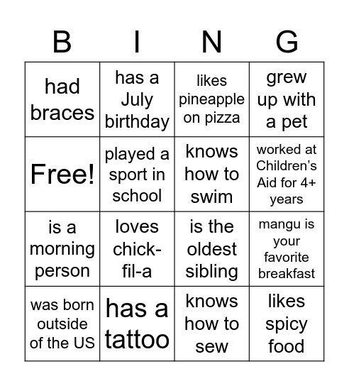 Children’s Aid Bingo Card