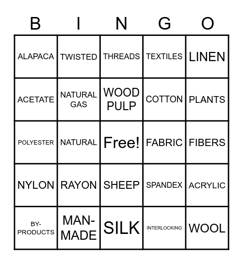 BINGO TEXTILES Bingo Card