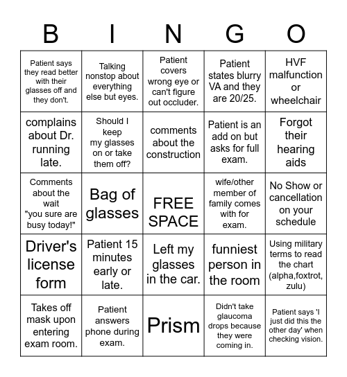 Eye Clinic Bingo Card