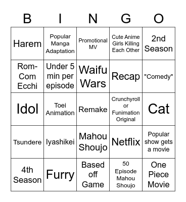 Anime Summer 2022 Bingo Card