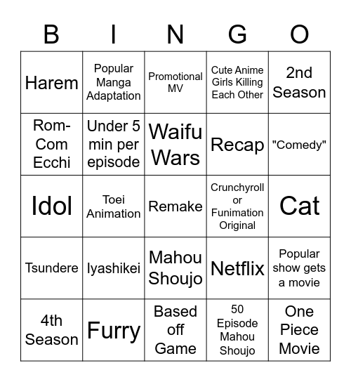 Anime Summer 2022 Bingo Card