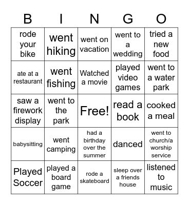 What did you do over the Summer!!!! Bingo Card