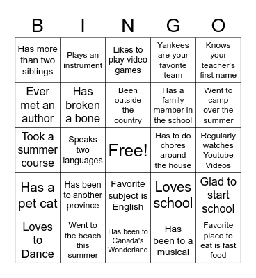 First Day of School Bingo Card