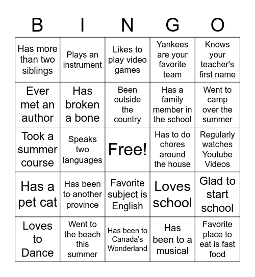 First Day of School Bingo Card