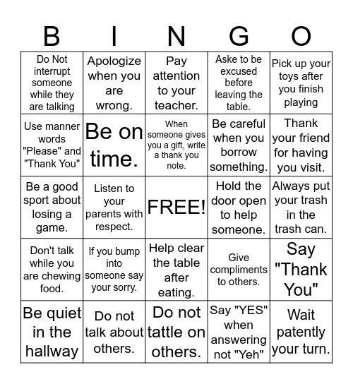 Manner Bingo Card