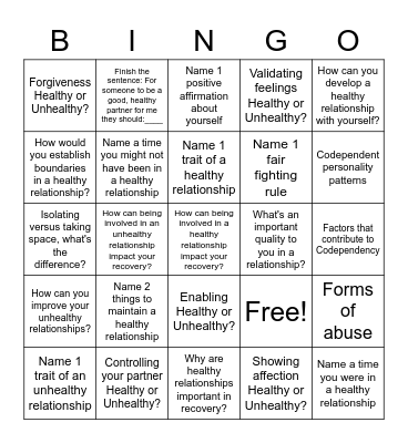 HEALTHY/UNHEALTHY RELATIONSHIPS Bingo Card