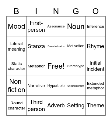 Literary Terms Bingo Card