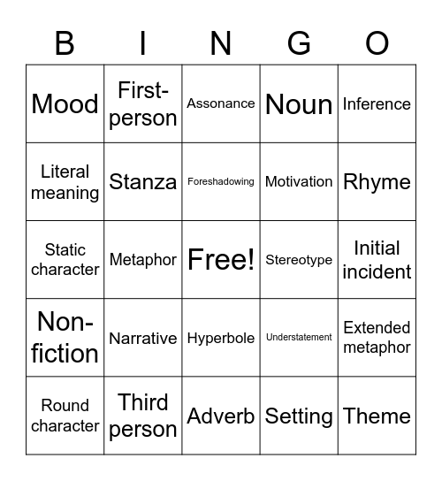 Literary Terms Bingo Card