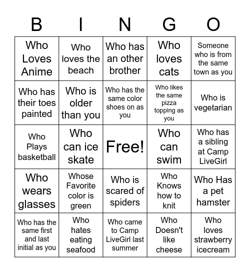 Camp LiveGirl Human Bingo! Bingo Card
