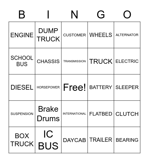 Truck Sales and Service, Inc. Bingo Card