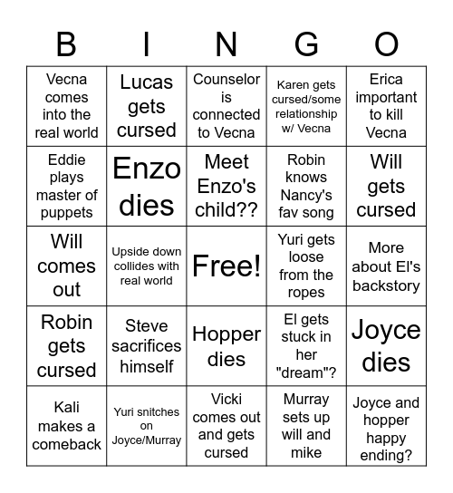 Stranger Things Bingo Card