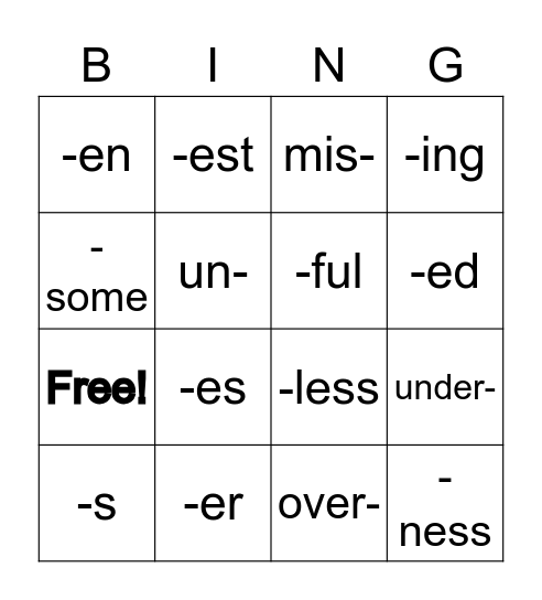 Anglo Saxon Prefix and Suffix Bingo Card