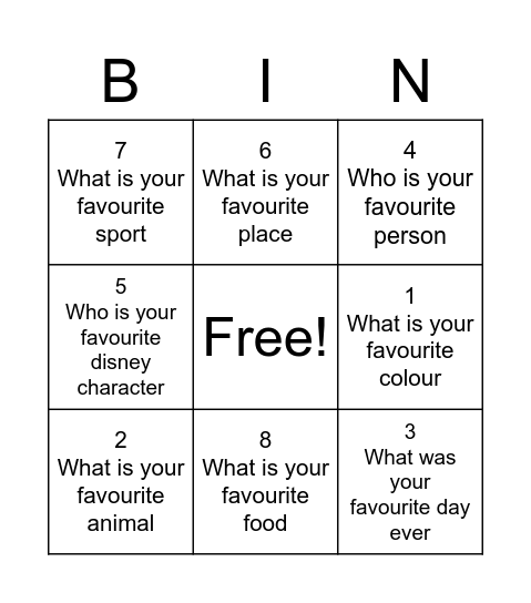 About Me Bingo Card