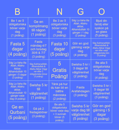 Dhul Hijjah 10 dagars Bingo Card