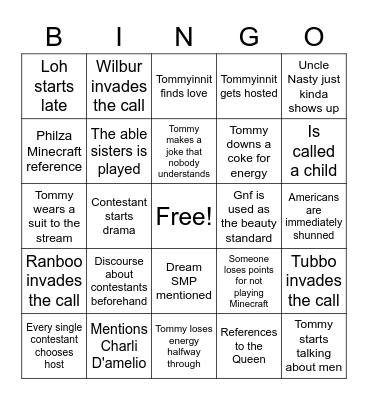 Tommyinnit's Love or Host Bingo Card